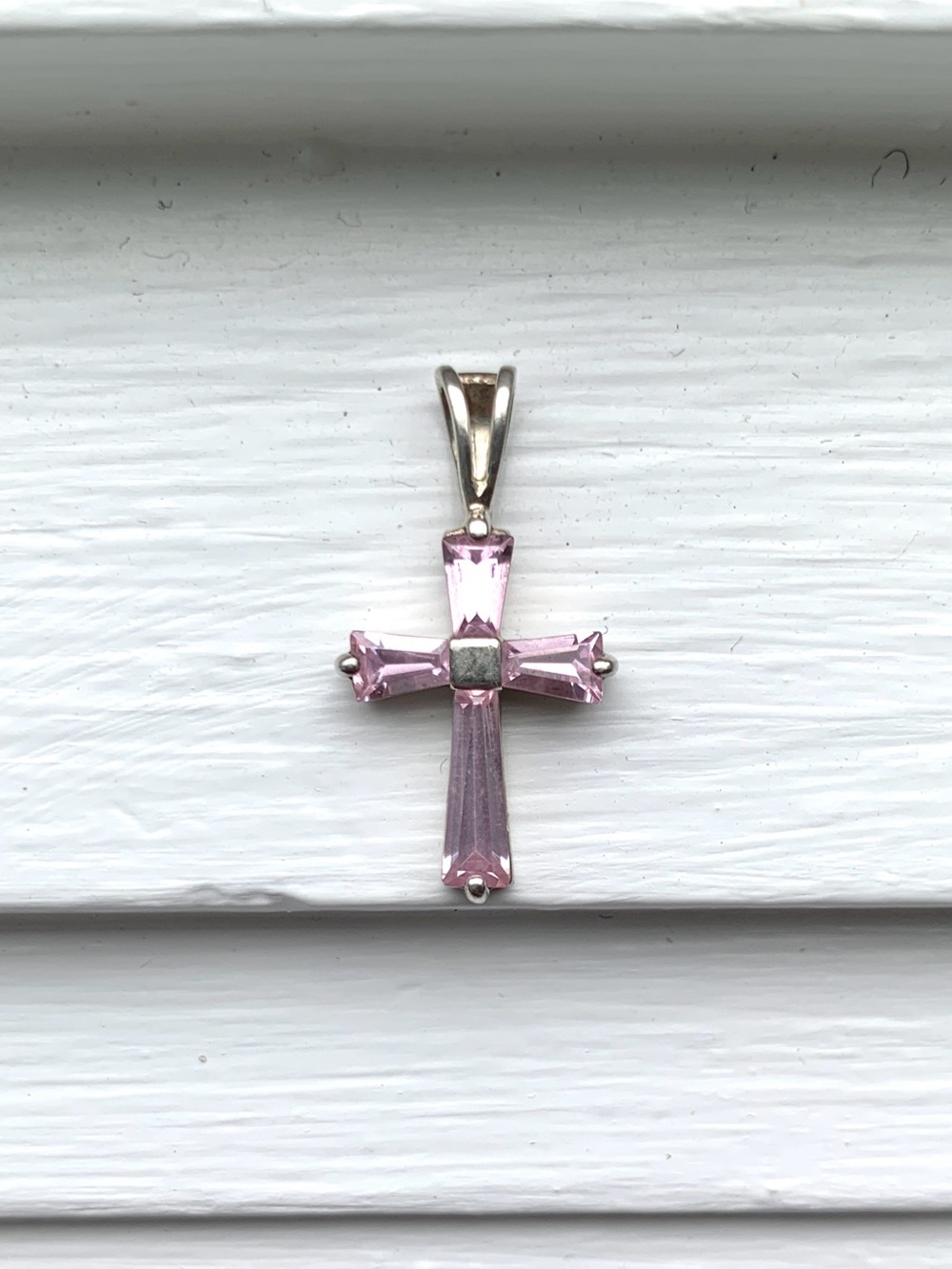sterling silver 925 cross pink baguette cubic zirconia pendant